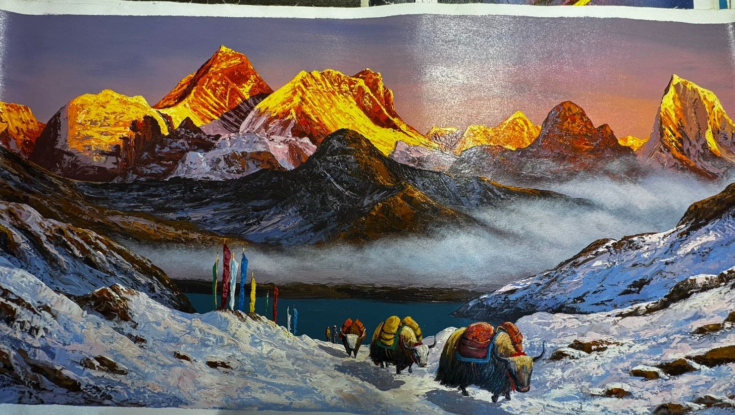 Yak Caravan at Sunrise — Hand-painted, oil on canvas with palette-knife texture.